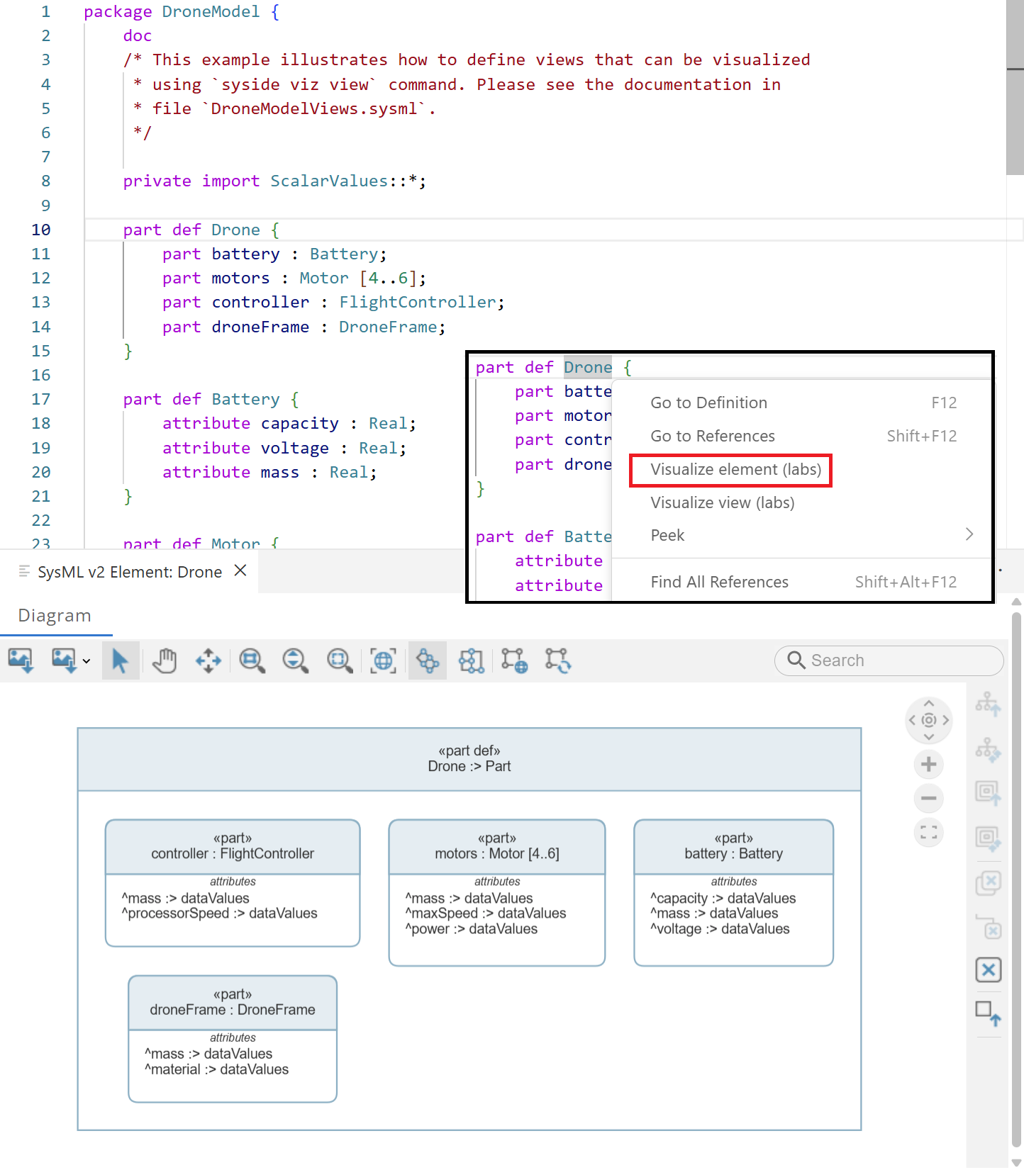 Visualize SysML element. The command is highlighted in red.