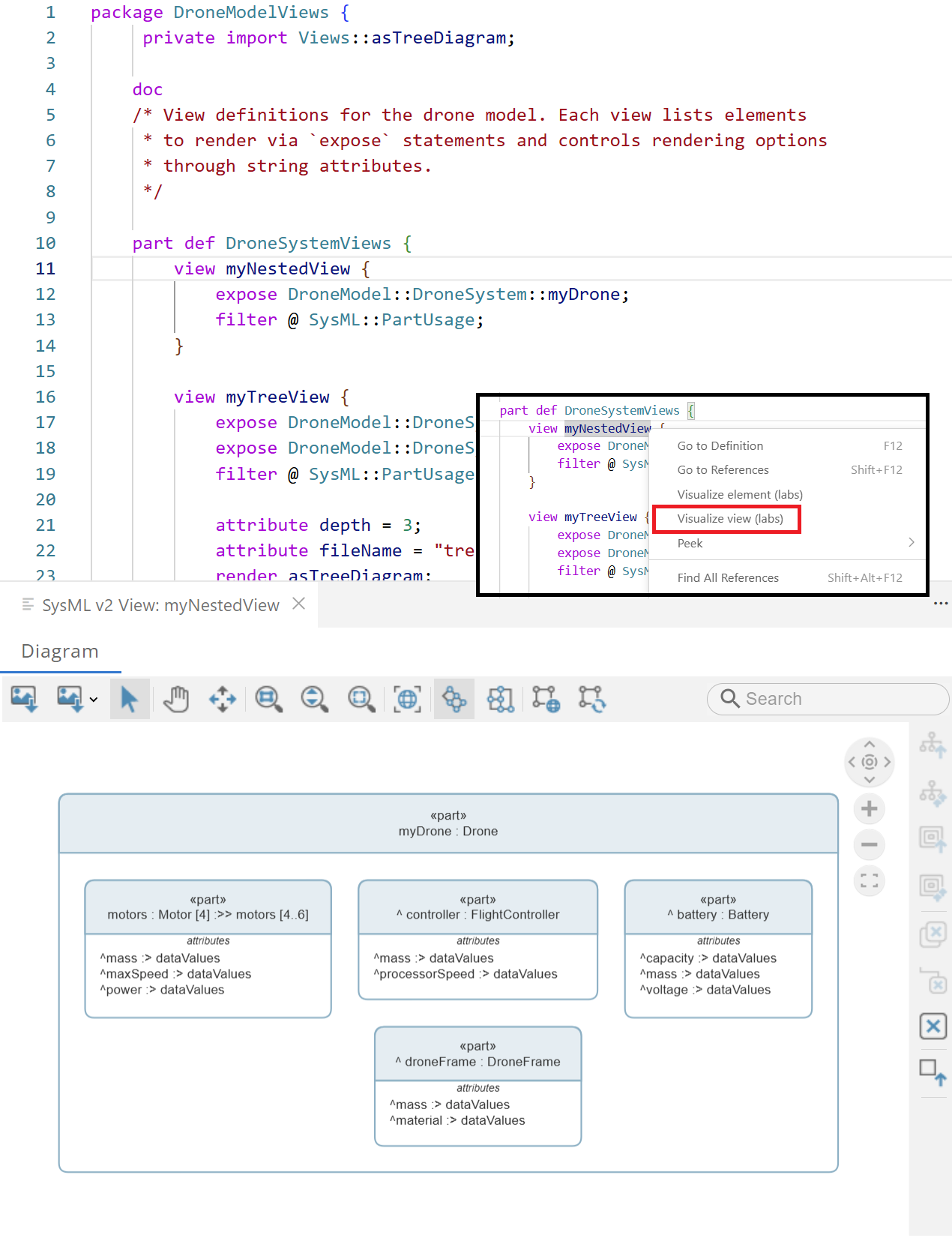Visualize SysML view. The command is highlighted in red.