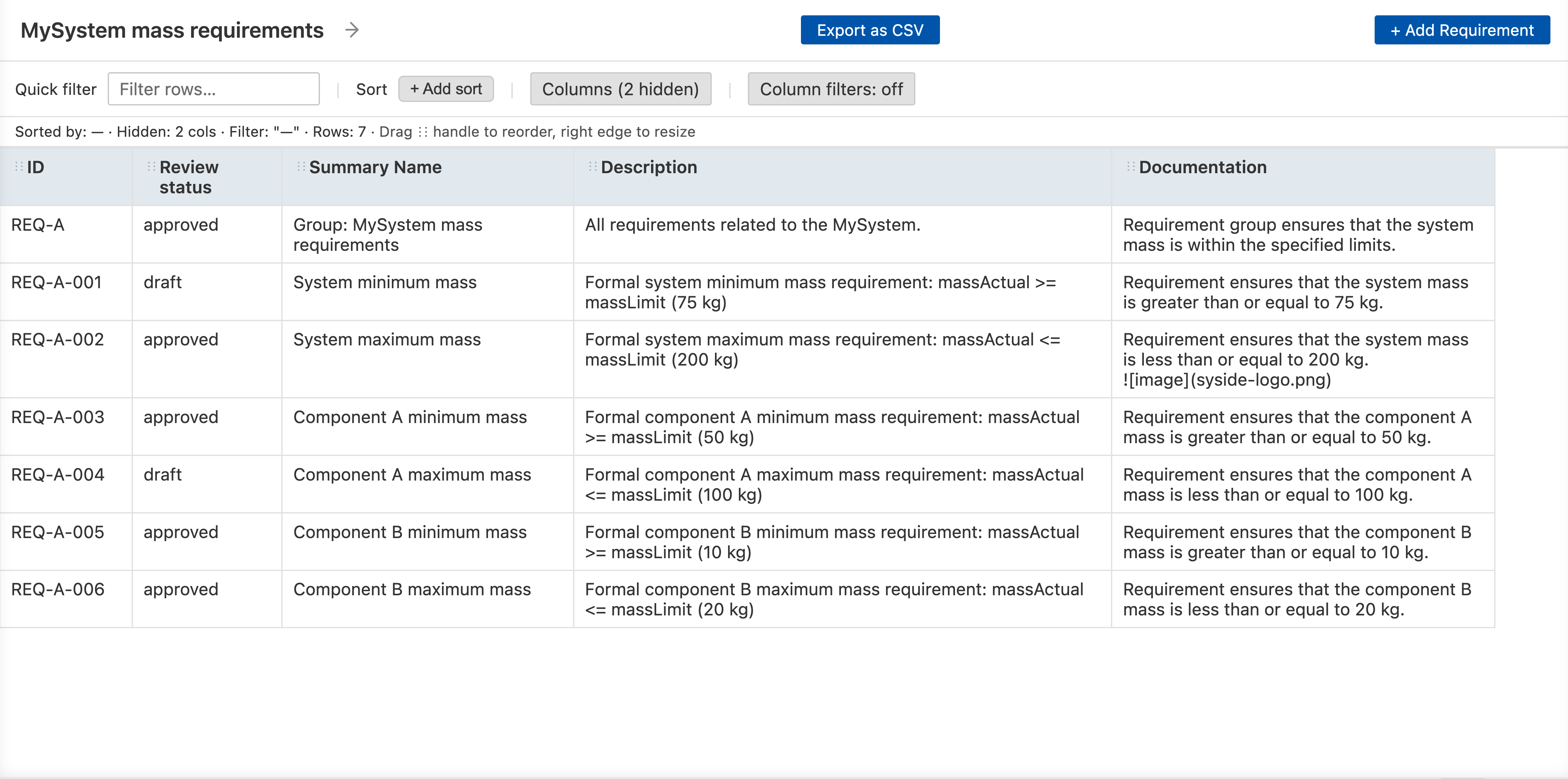 A table view showing model elements as rows with configurable columns