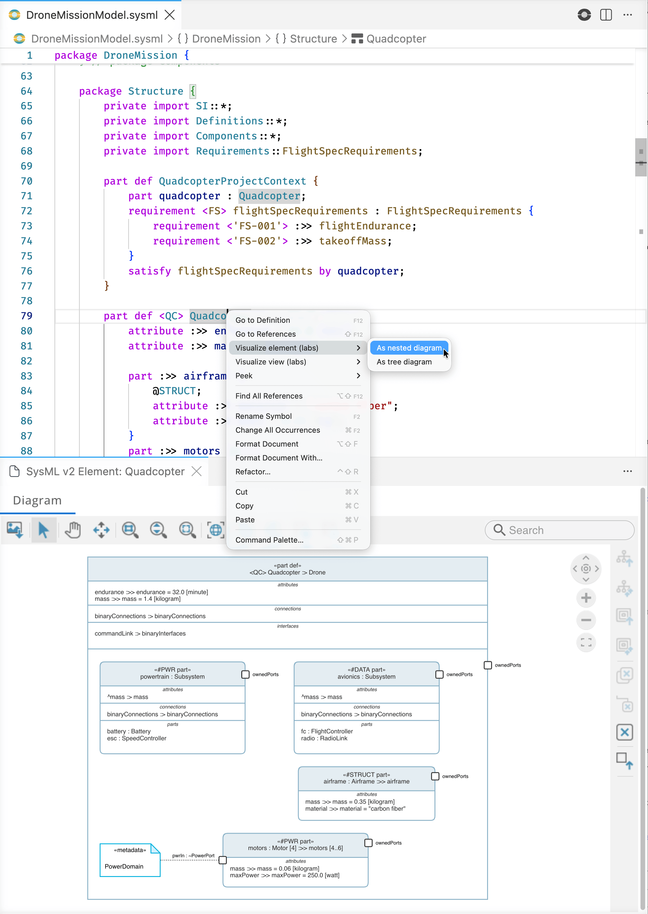 Editor right-click menu with As nested diagram highlighted, diagram below