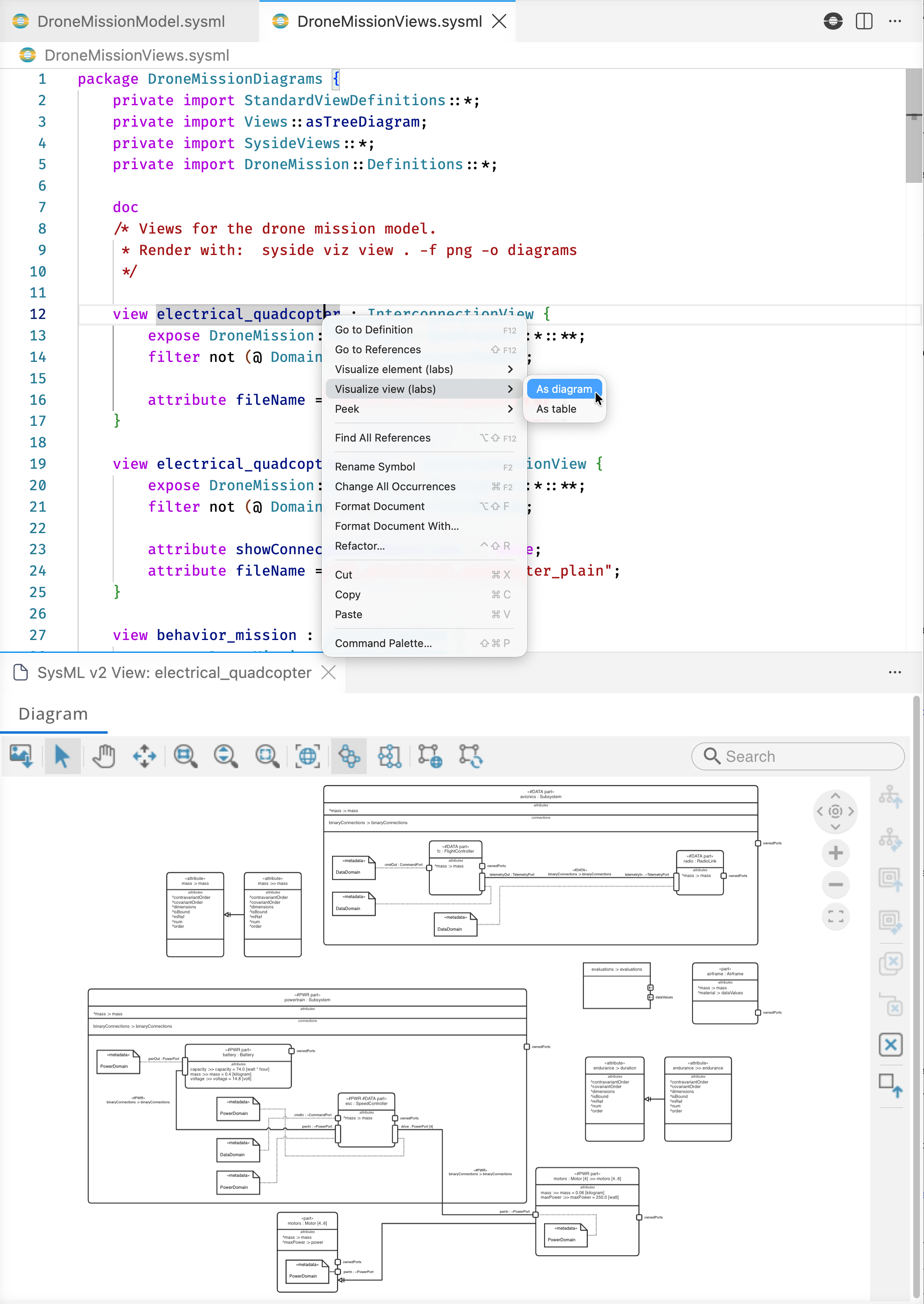 Editor right-click menu with As diagram highlighted, rendered view below