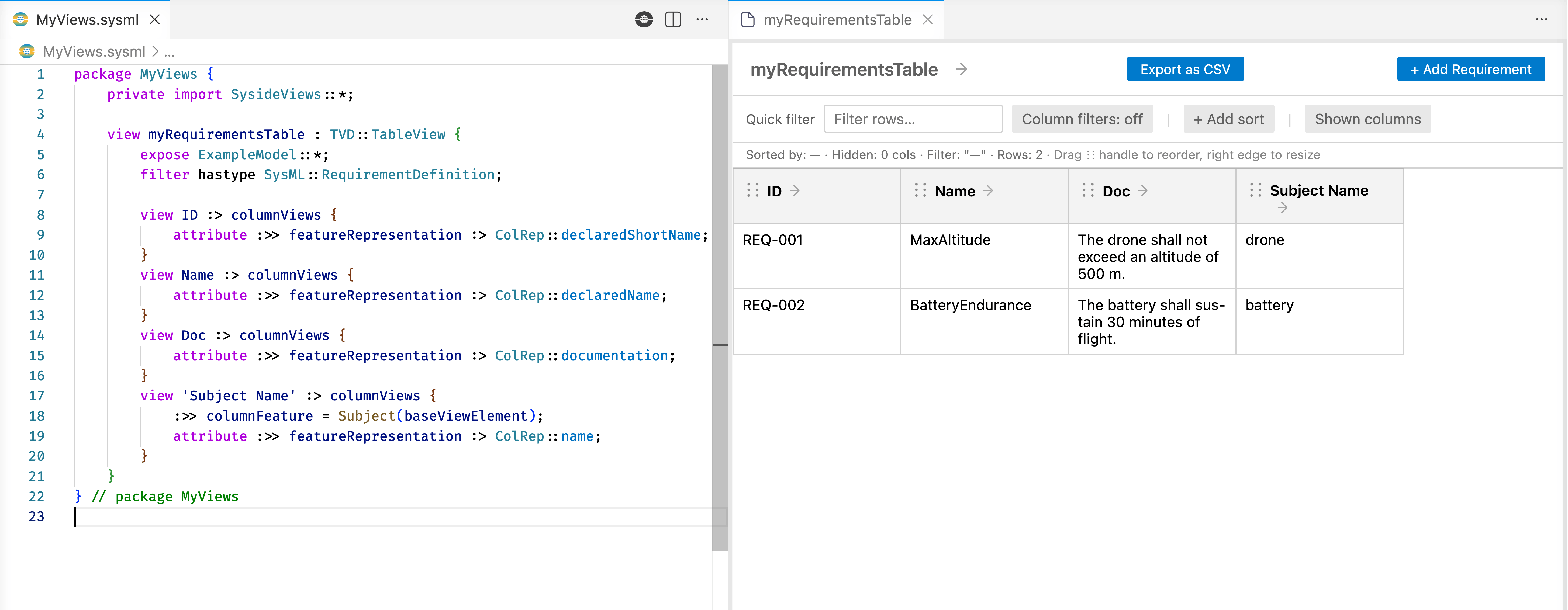 Two requirement rows with a Subject Name column showing drone and battery.