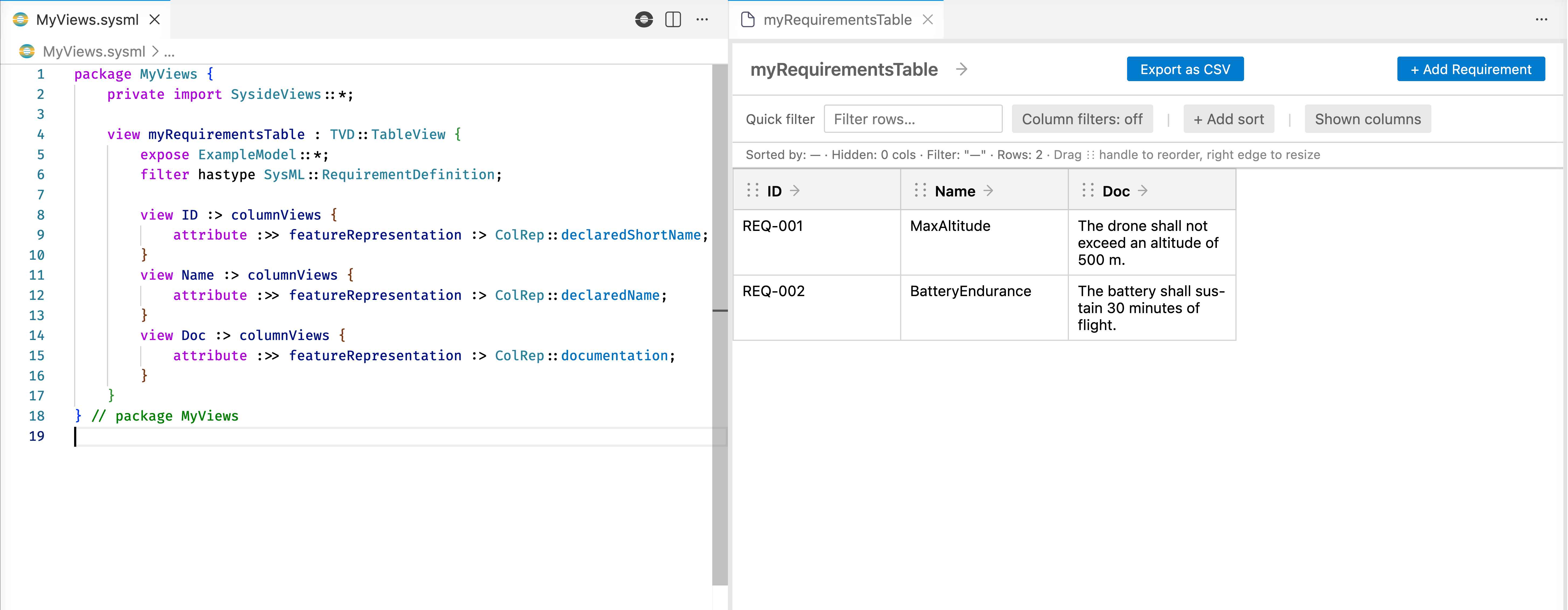 Two requirement rows with ID, Name, and Doc columns.