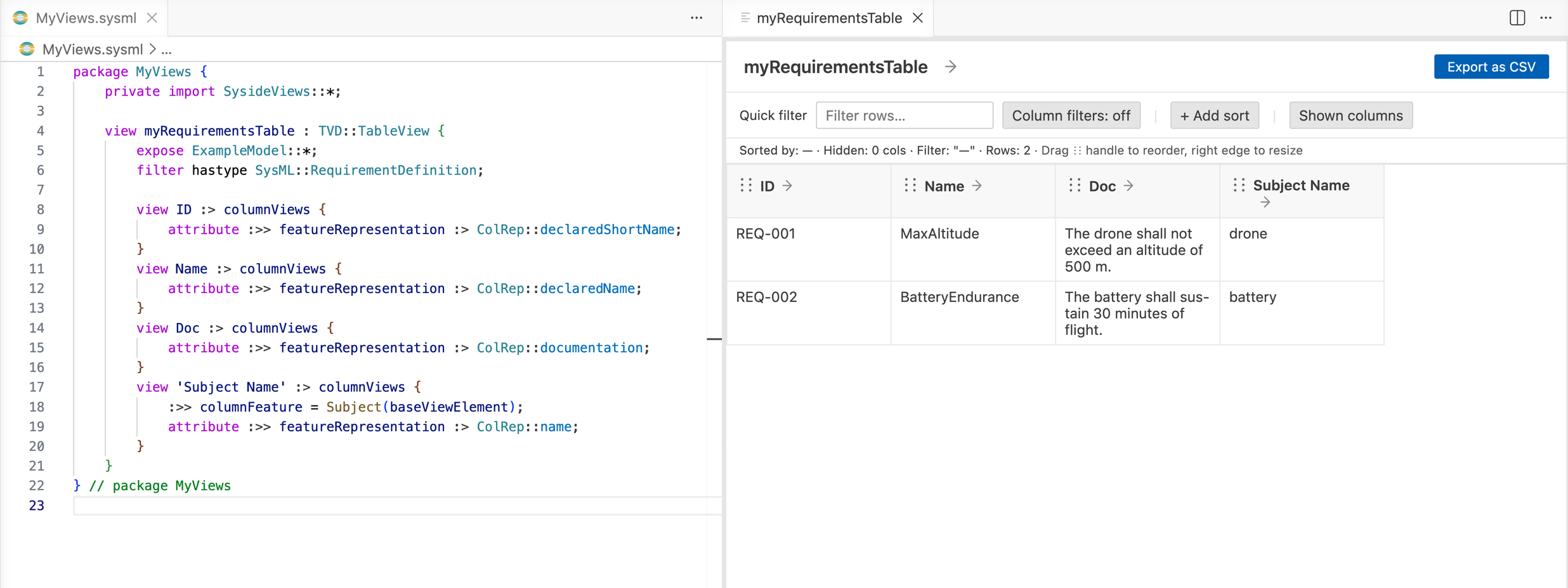 Two requirement rows with a Subject Name column showing drone and battery.