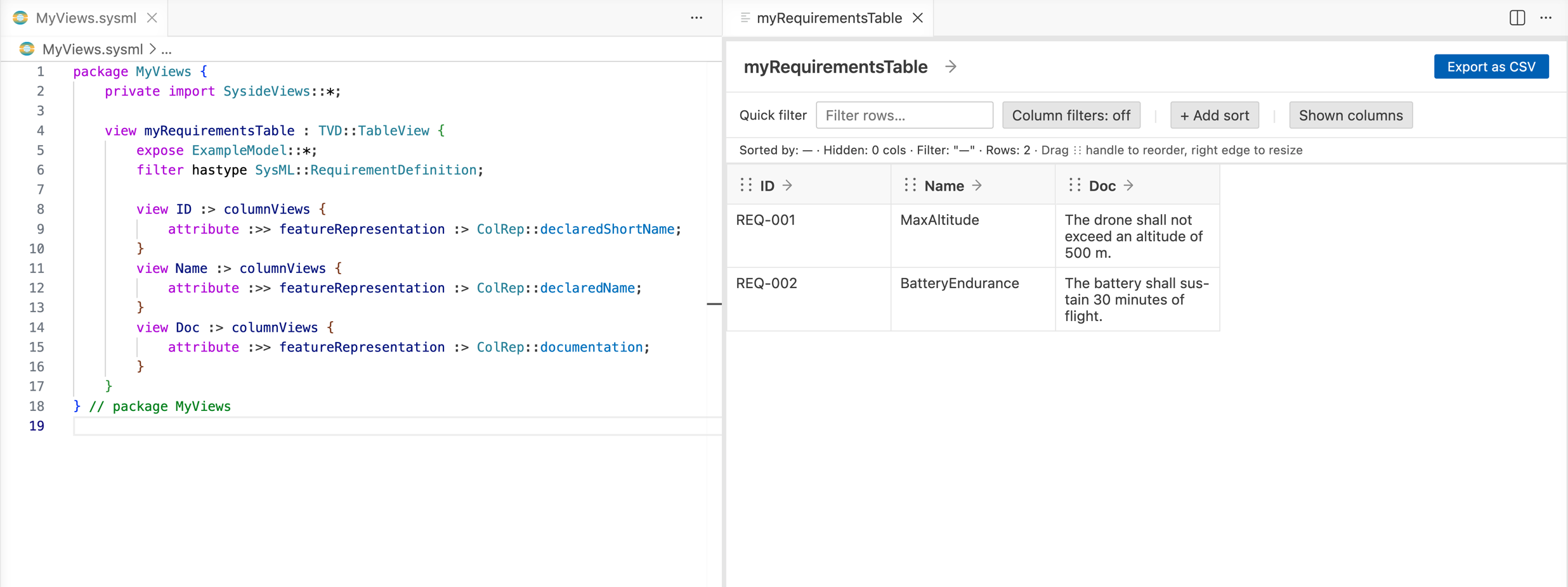 Two requirement rows with ID, Name, and Doc columns.