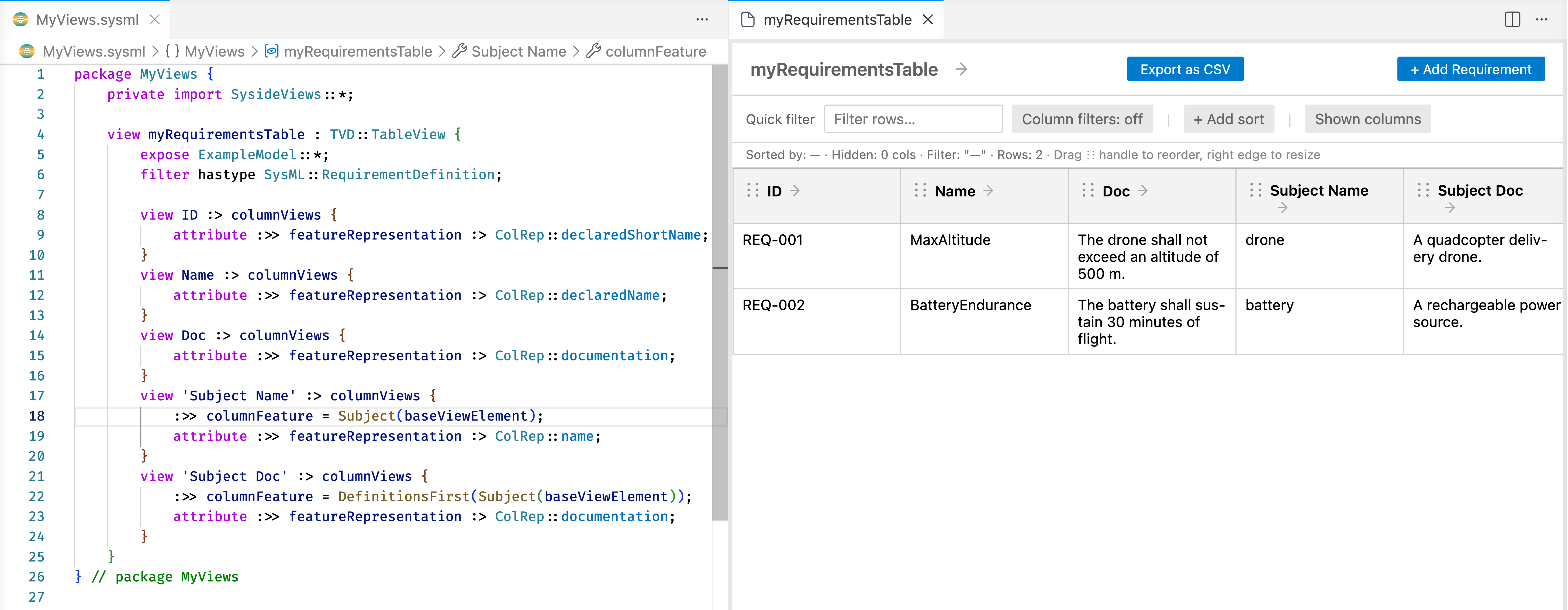 Completed five-column table with Subject Doc showing the Drone and Battery definitions' documentation.