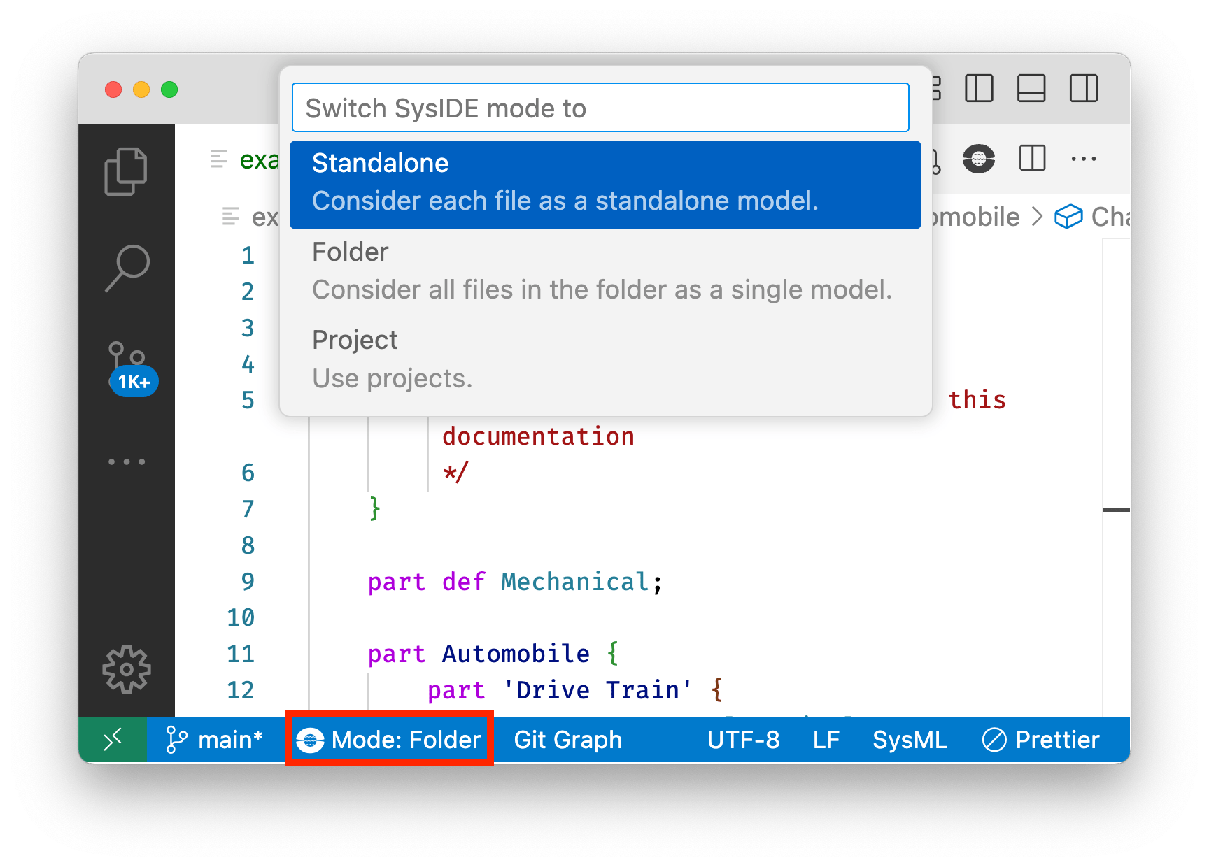 Mode selection. The button is highlighted in red.