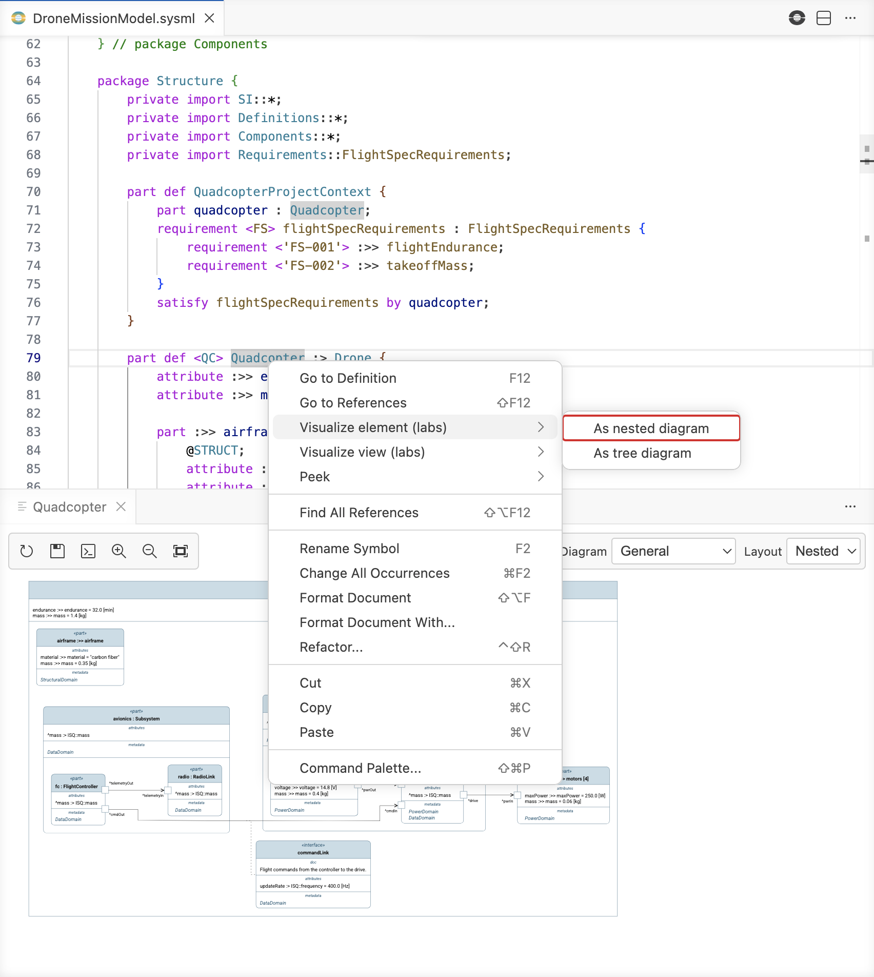 Editor right-click menu with As nested diagram highlighted, diagram below