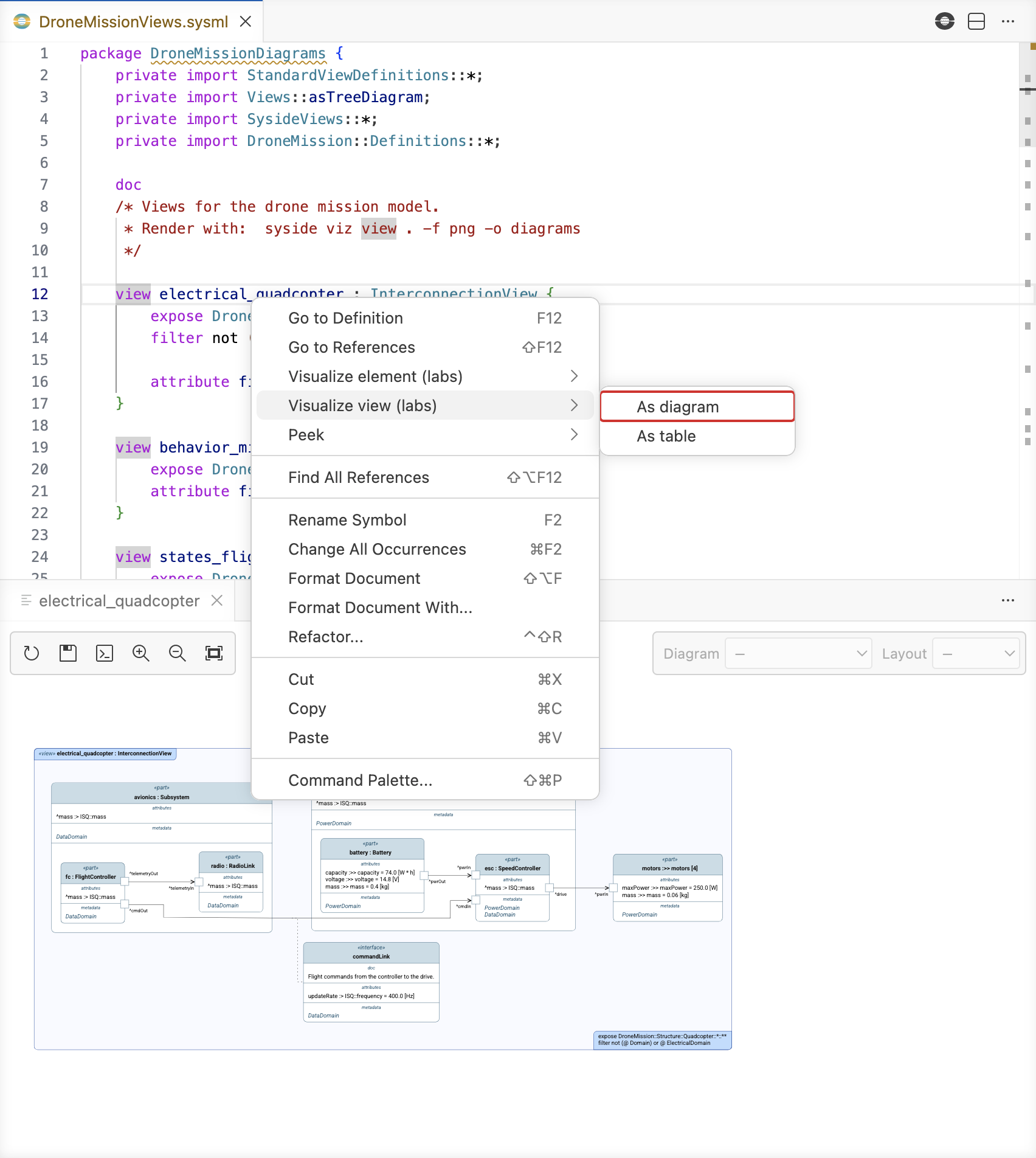 Editor right-click menu with As diagram highlighted, rendered view below