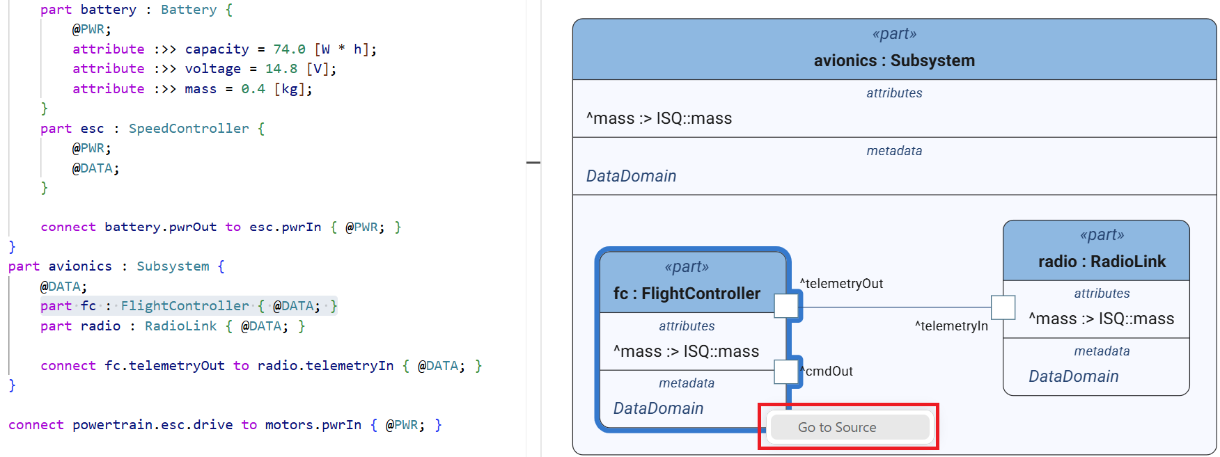 Go to Source in the right-click menu of a selected part, with its text selected in the editor